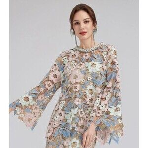 NWT Rich Radi Q's Womens Small Custom Guipure Lace Floral Top Pink Blue Elegant